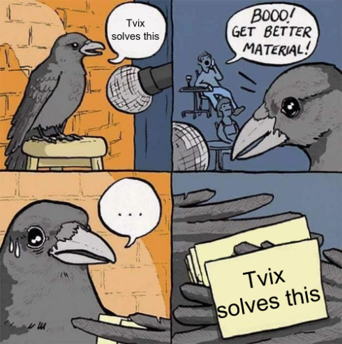 The "Get Better Material" meme with "Tvix solves this"